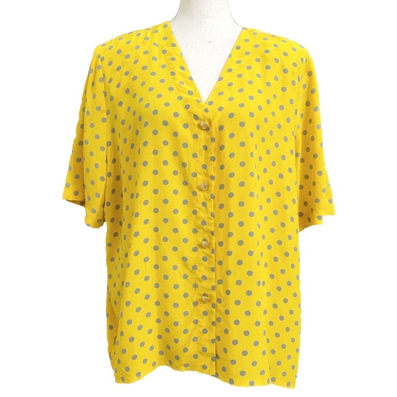 𝅺ANTHROPOLOGIE PAUL COSTELLOE 100% SILK YELLOW GREY DOTS BUTTON FRONT BLOUSE - Picture 1 of 8